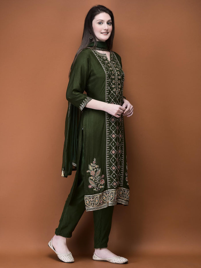 Women Muslin Olive Embroidered Kurta Comfort Pant Dupatta.