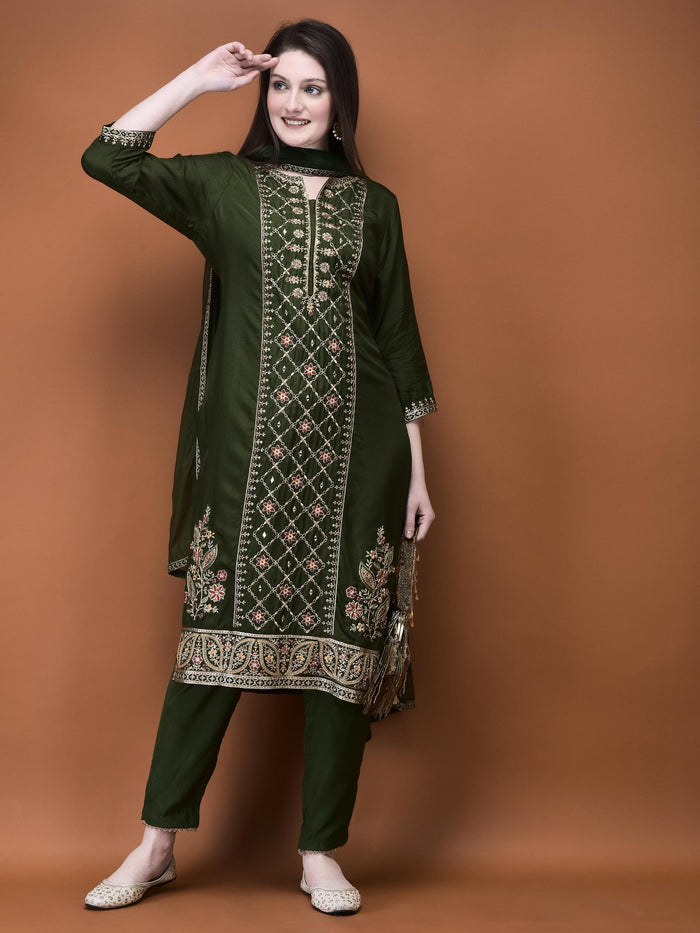 Women Muslin Olive Embroidered Kurta Comfort Pant Dupatta.