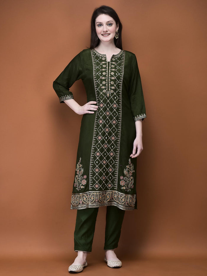 Women Muslin Olive Embroidered Kurta Comfort Pant Dupatta.