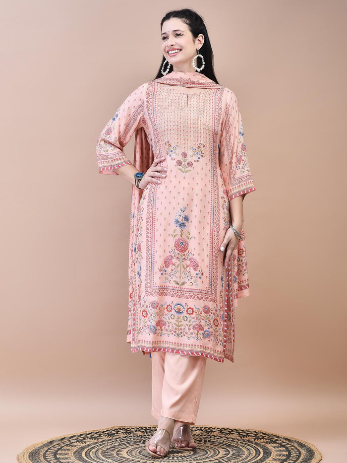 Women Muslin Peach Floral Print Kurta Comfort Pant Dupatta.