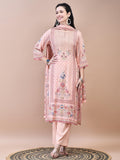 Women Muslin Peach Floral Print Kurta Comfort Pant Dupatta.