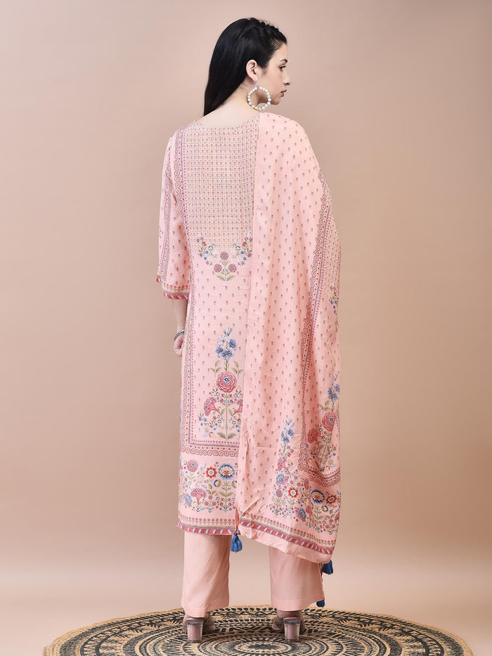 Women Muslin Peach Floral Print Kurta Comfort Pant Dupatta.