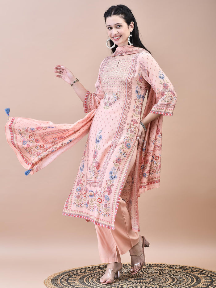 Women Muslin Peach Floral Print Kurta Comfort Pant Dupatta.