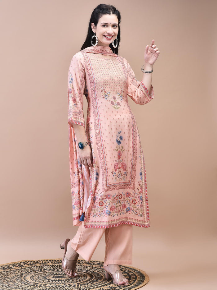Women Muslin Peach Floral Print Kurta Comfort Pant Dupatta.