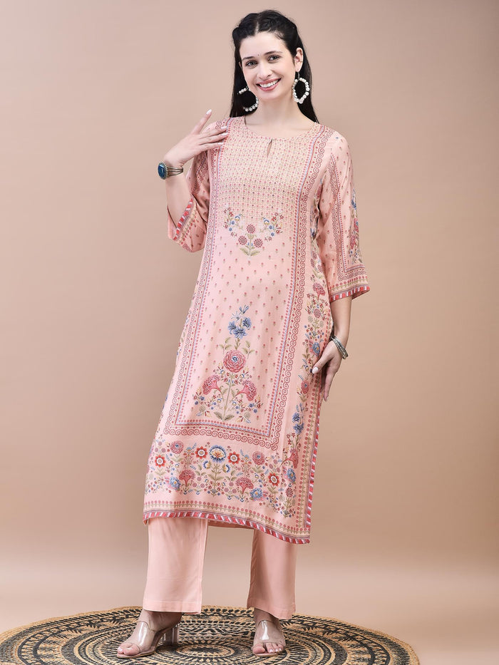 Women Muslin Peach Floral Print Kurta Comfort Pant Dupatta.
