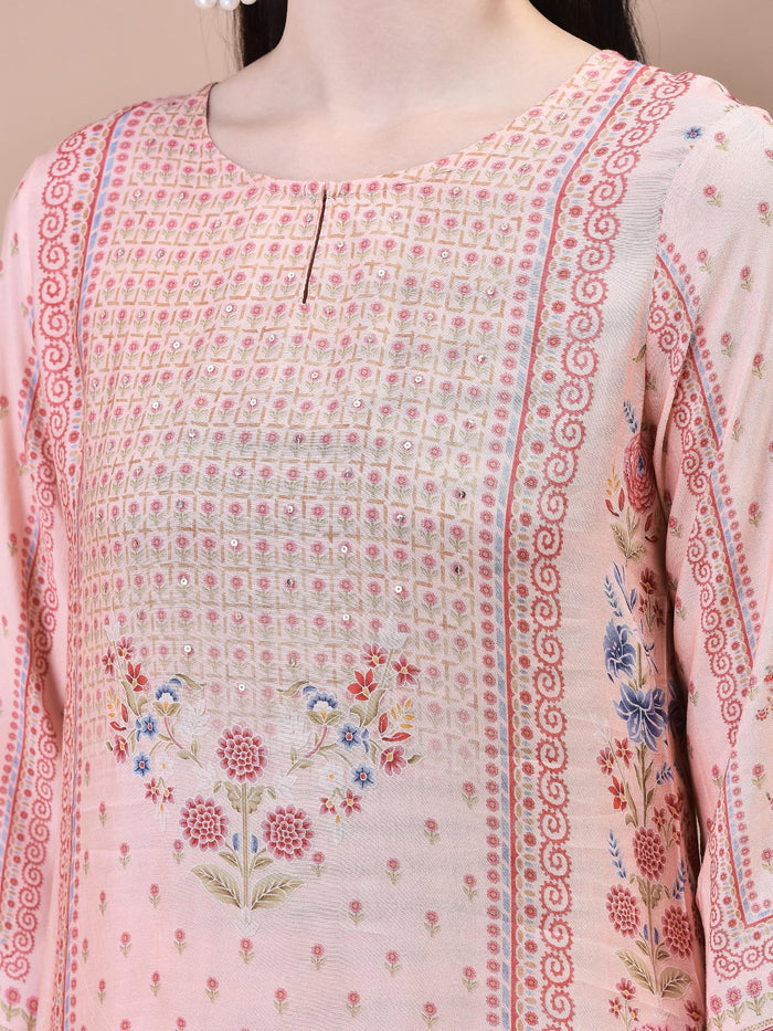 Women Muslin Peach Floral Print Kurta Comfort Pant Dupatta.