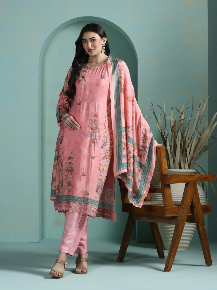 Women Muslin Pink Embroidered Kurta Comfort Pant Dupatta.