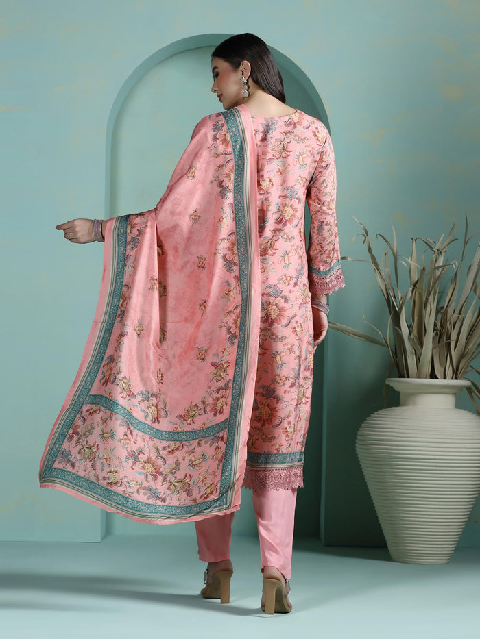Women Muslin Pink Embroidered Kurta Comfort Pant Dupatta.