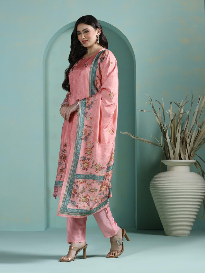 Women Muslin Pink Embroidered Kurta Comfort Pant Dupatta.