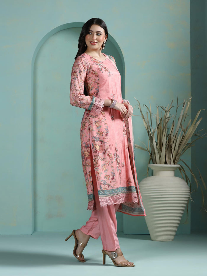 Women Muslin Pink Embroidered Kurta Comfort Pant Dupatta.