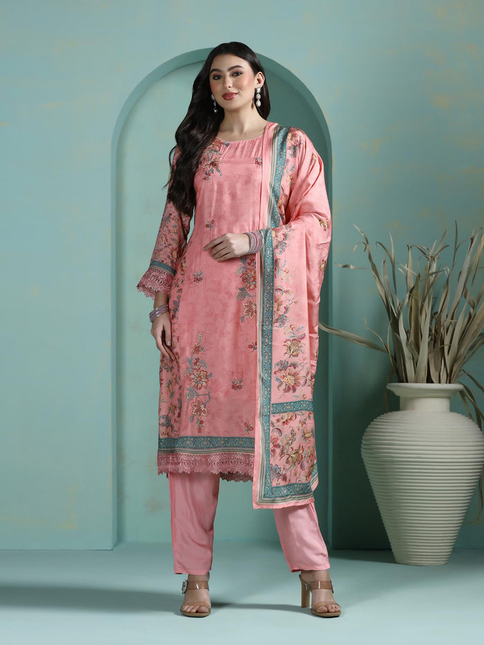 Women Muslin Pink Embroidered Kurta Comfort Pant Dupatta.