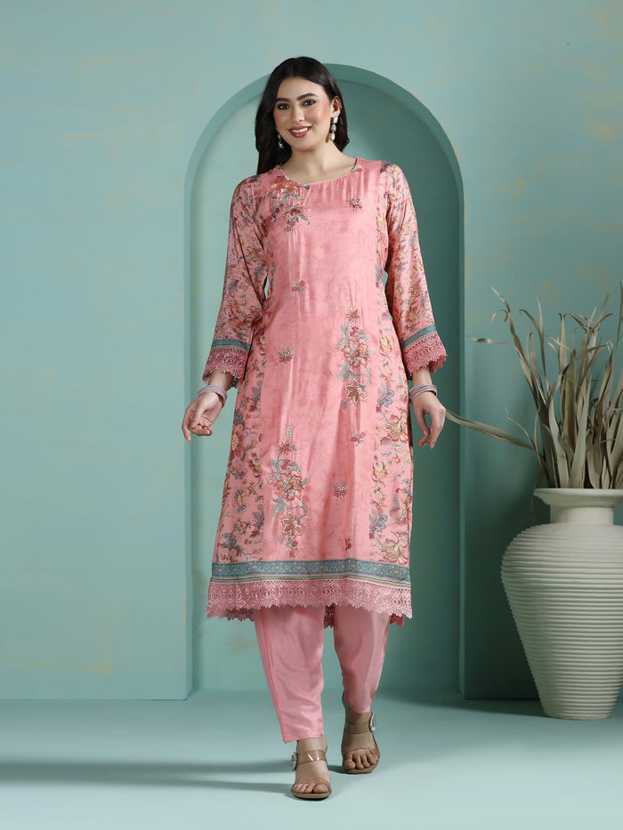 Women Muslin Pink Embroidered Kurta Comfort Pant Dupatta.
