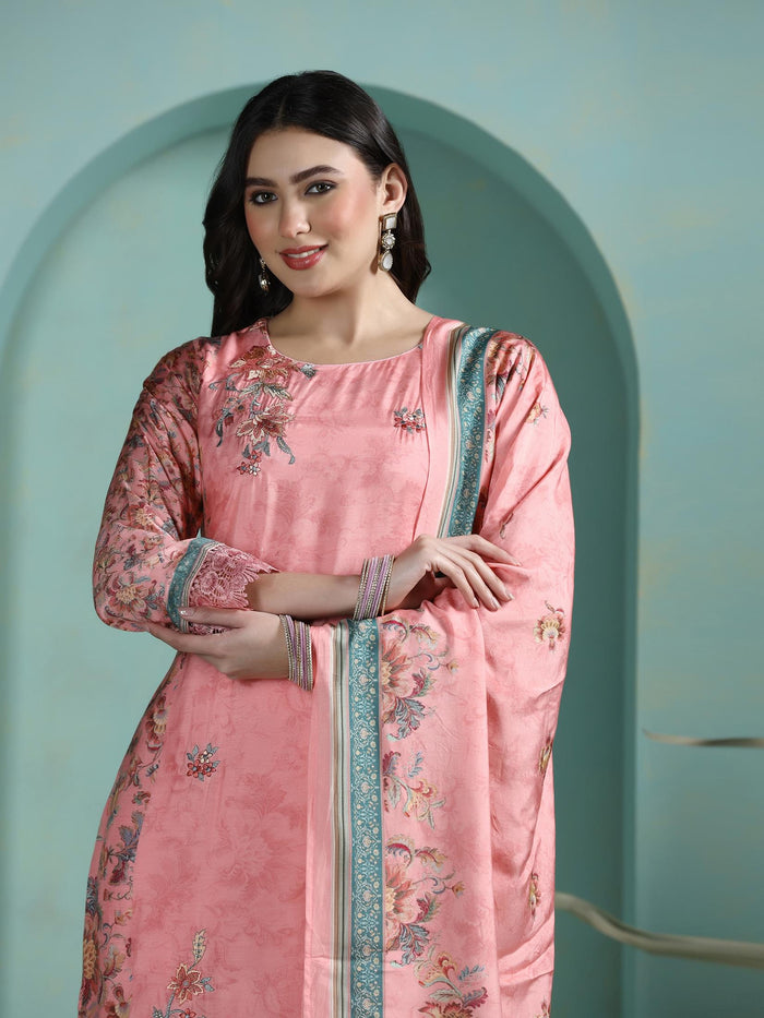 Women Muslin Pink Embroidered Kurta Comfort Pant Dupatta.