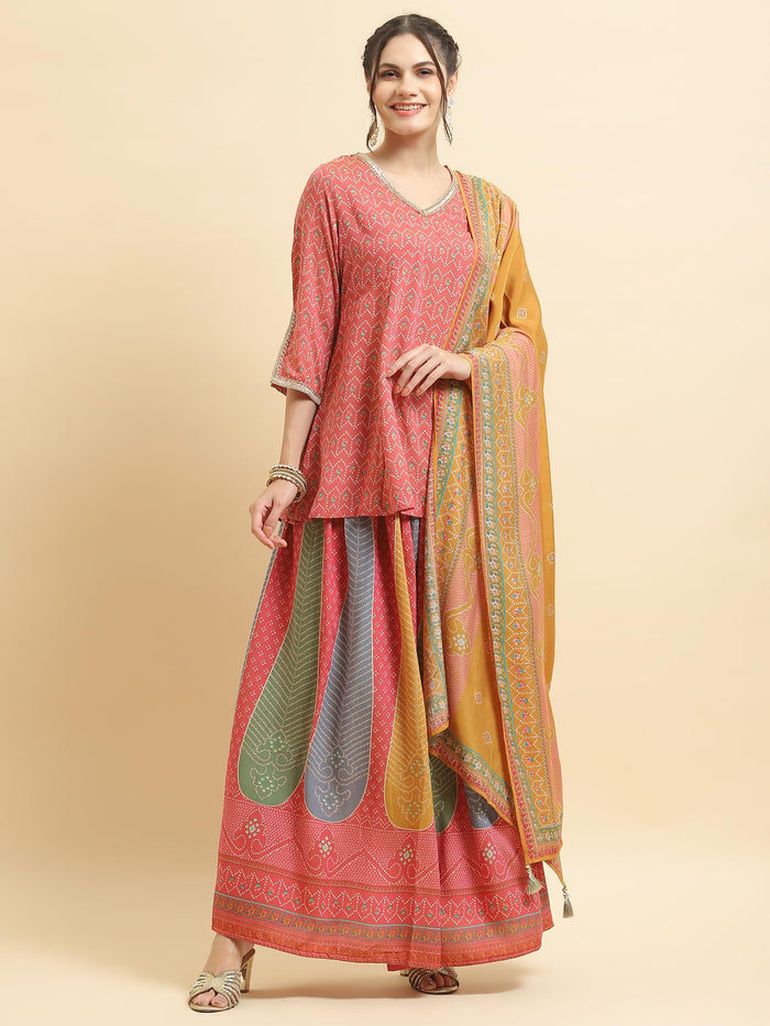 Women Muslin Pink Geometric Print Kurti Skirt Dupatta.