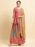 Women Muslin Pink Geometric Print Kurti Skirt Dupatta.