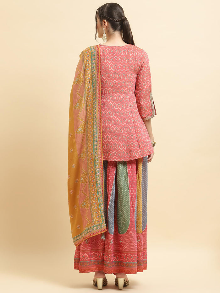 Women Muslin Pink Geometric Print Kurti Skirt Dupatta.