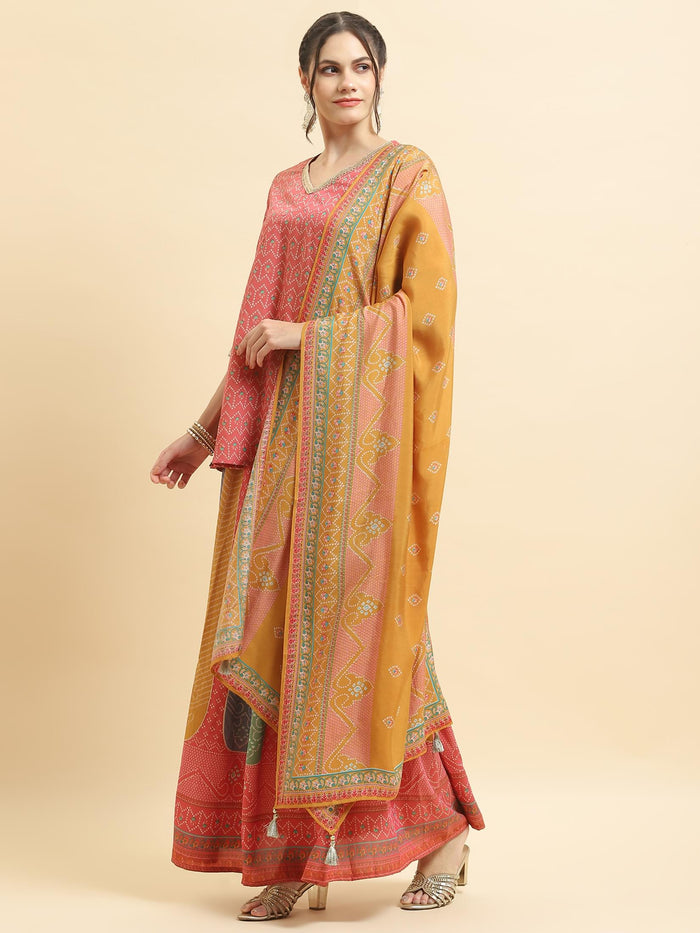 Women Muslin Pink Geometric Print Kurti Skirt Dupatta.