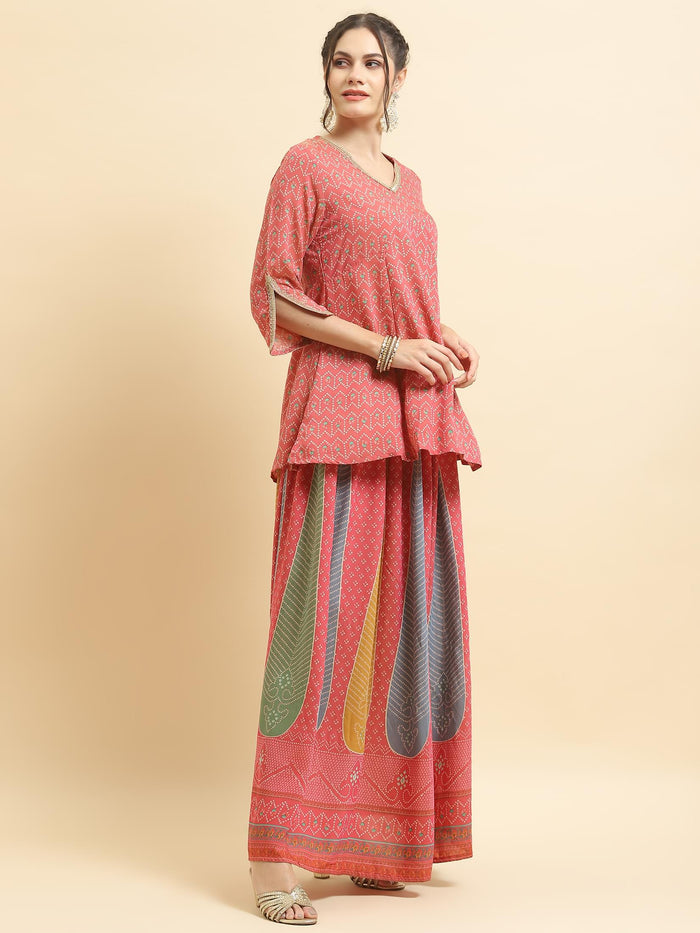 Women Muslin Pink Geometric Print Kurti Skirt Dupatta.