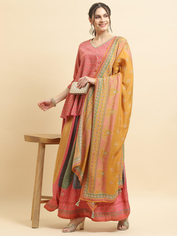Women Muslin Pink Geometric Print Kurti Skirt Dupatta.