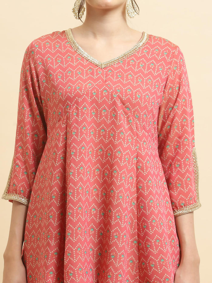 Women Muslin Pink Geometric Print Kurti Skirt Dupatta.