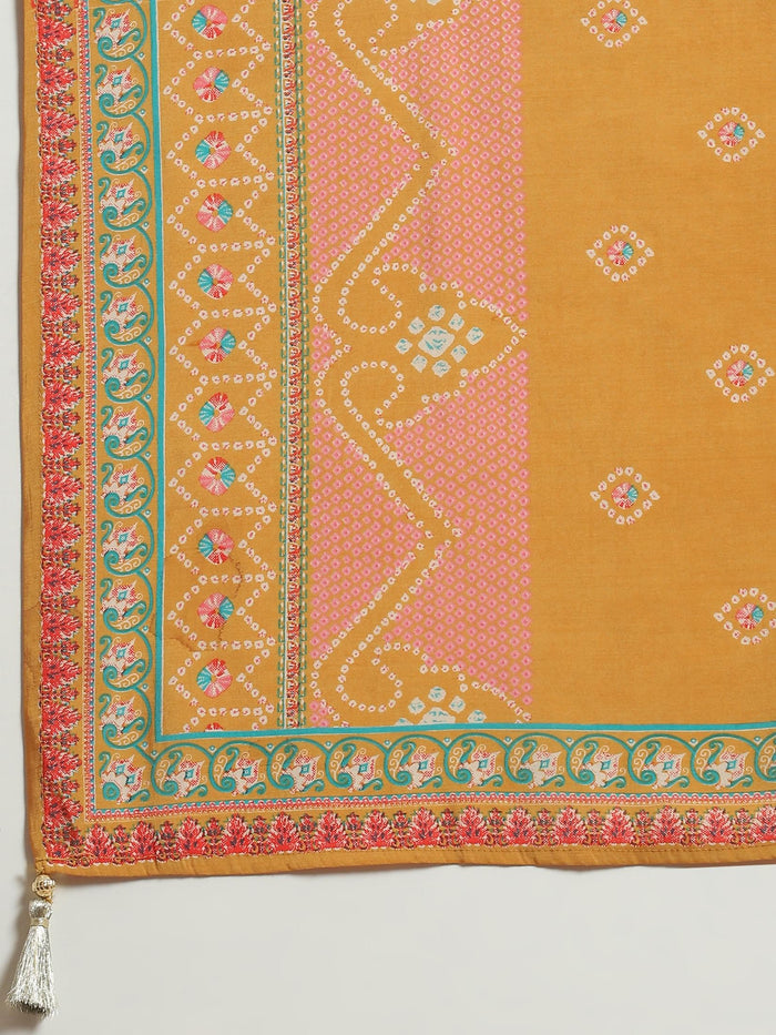 Women Muslin Pink Geometric Print Kurti Skirt Dupatta.