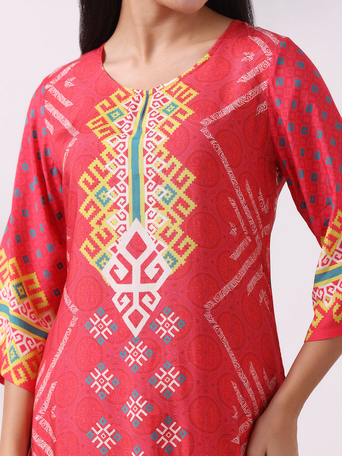 Women Muslin Pink Printed Kurta With Comfort Pant