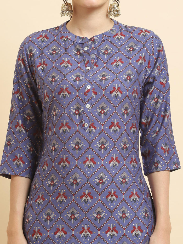 Women Muslin Purple Aztec Print Kurta.