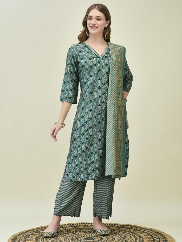 Women Muslin Teal Floral Print Kurta Comfort Pant Chanderi Dupatta.