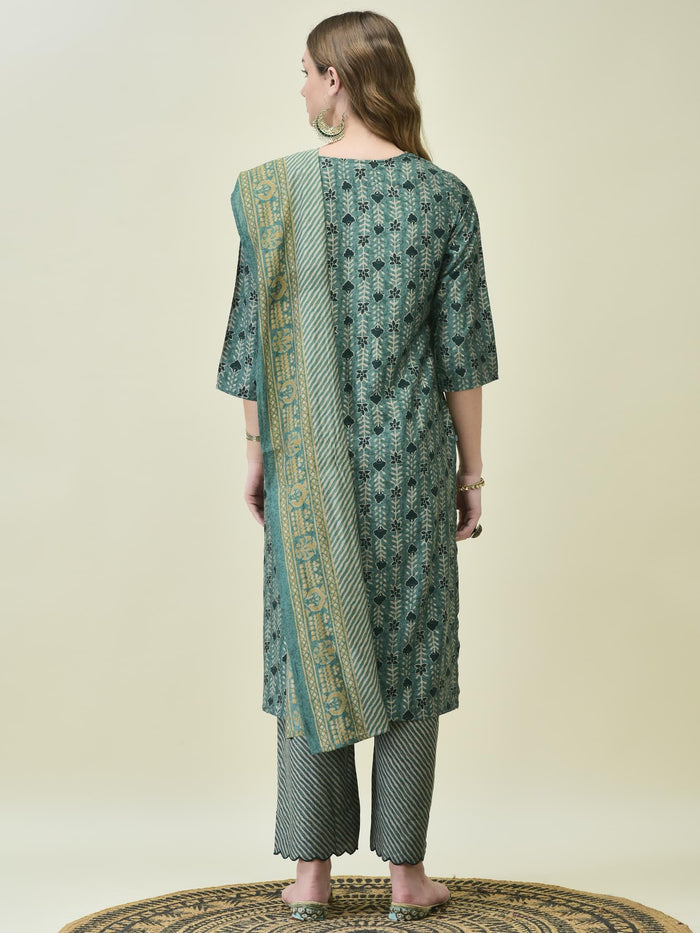 Women Muslin Teal Floral Print Kurta Comfort Pant Chanderi Dupatta.