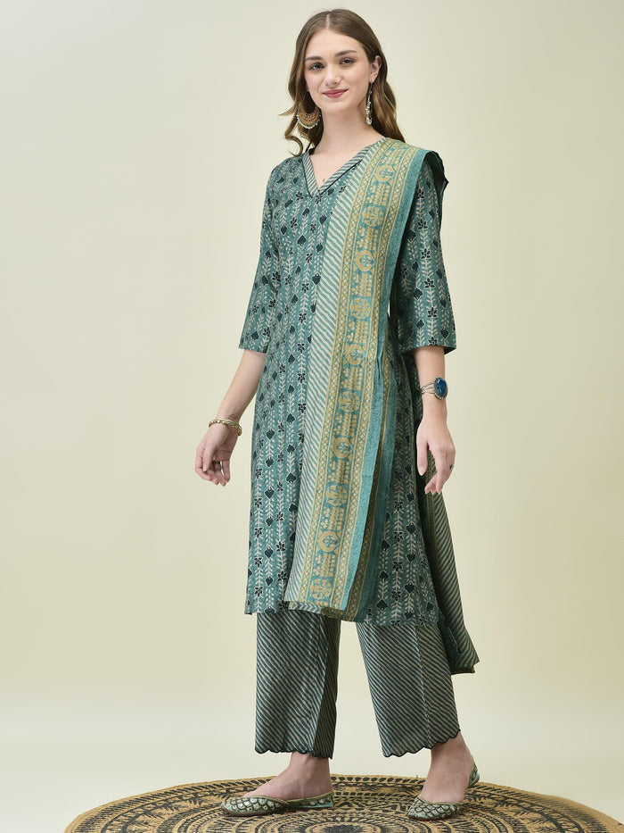Women Muslin Teal Floral Print Kurta Comfort Pant Chanderi Dupatta.