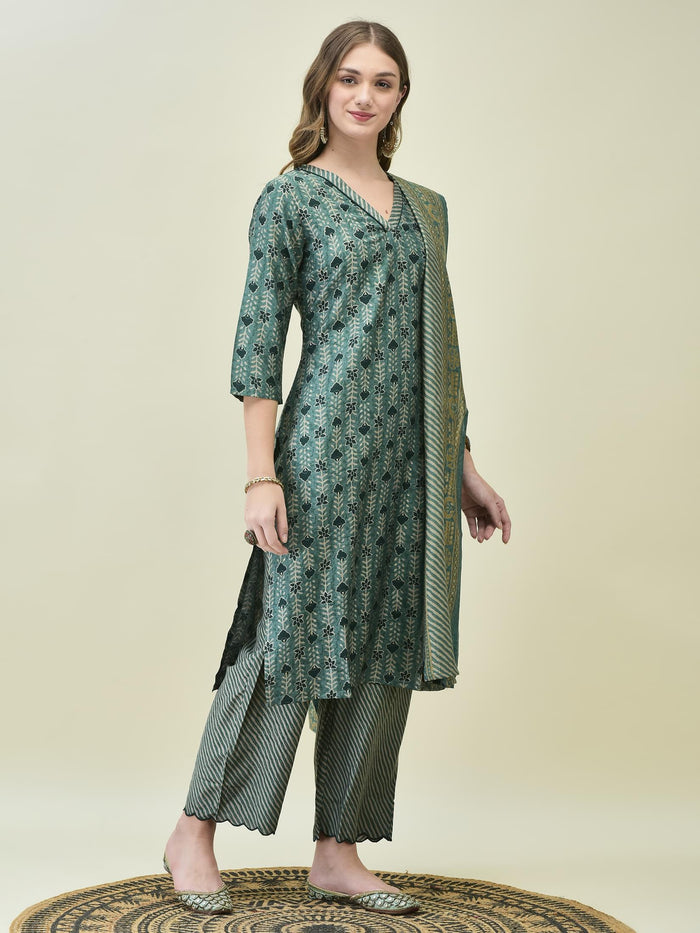 Women Muslin Teal Floral Print Kurta Comfort Pant Chanderi Dupatta.