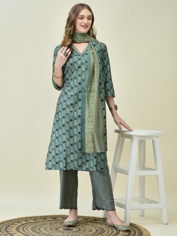 Women Muslin Teal Floral Print Kurta Comfort Pant Chanderi Dupatta.