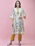 Women Muslin White Floral Print Kurta Trouser Dupatta.