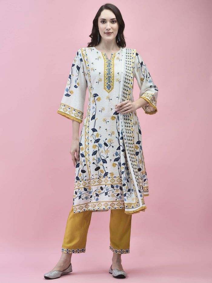 Women Muslin White Floral Print Kurta Trouser Dupatta.