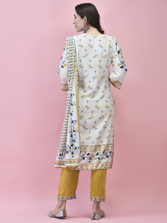 Women Muslin White Floral Print Kurta Trouser Dupatta.