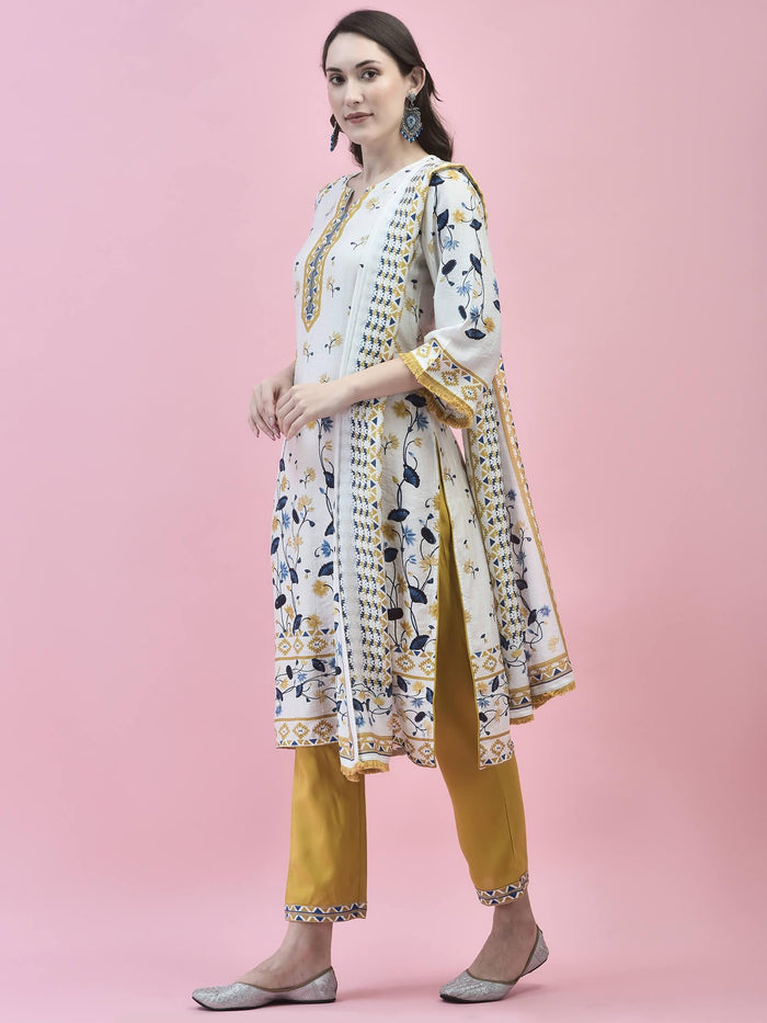 Women Muslin White Floral Print Kurta Trouser Dupatta.