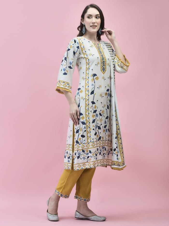 Women Muslin White Floral Print Kurta Trouser Dupatta.