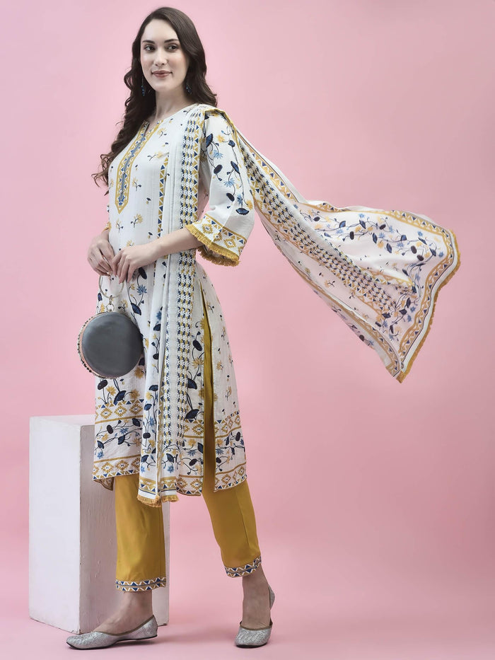 Women Muslin White Floral Print Kurta Trouser Dupatta.