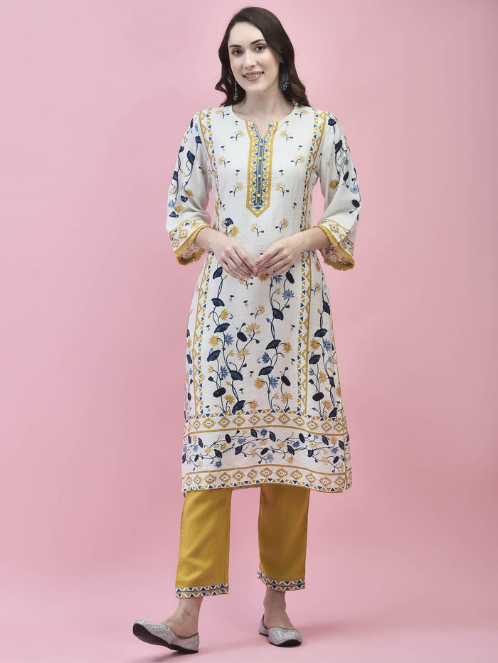Women Muslin White Floral Print Kurta Trouser Dupatta.