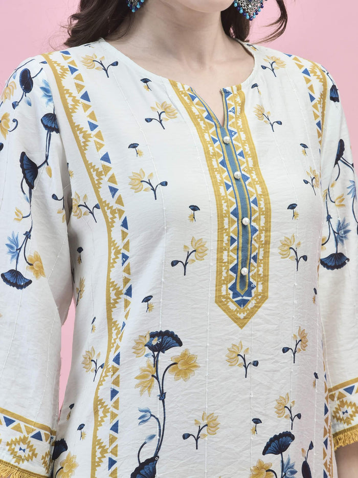 Women Muslin White Floral Print Kurta Trouser Dupatta.