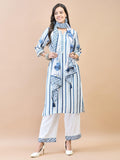 Women Muslin White Stripe Print Kurta Comfort Pant Dupatta.