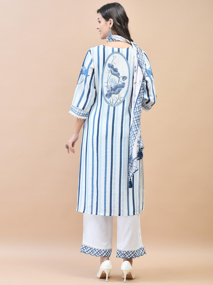Women Muslin White Stripe Print Kurta Comfort Pant Dupatta.