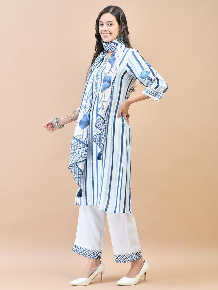 Women Muslin White Stripe Print Kurta Comfort Pant Dupatta.