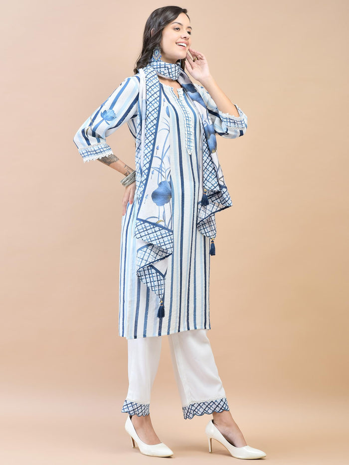 Women Muslin White Stripe Print Kurta Comfort Pant Dupatta.