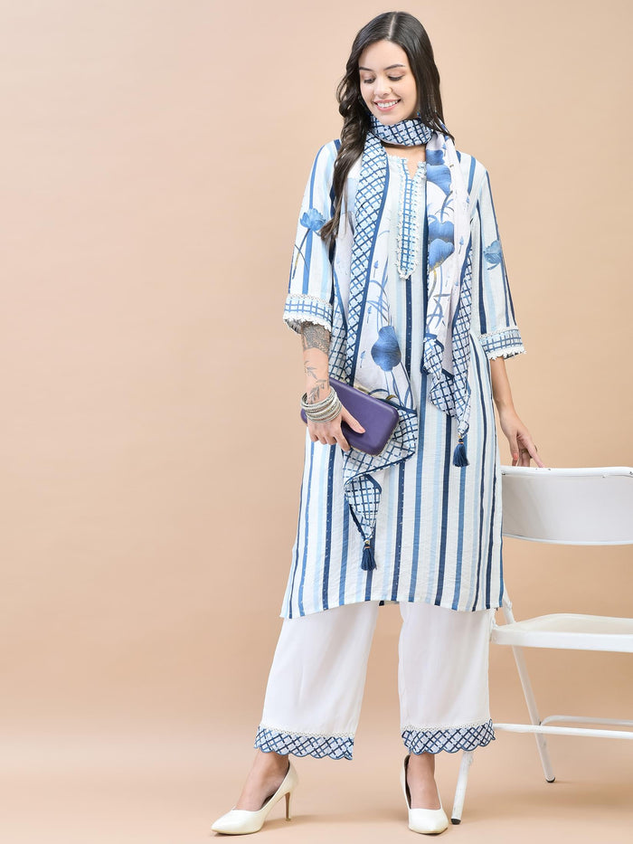 Women Muslin White Stripe Print Kurta Comfort Pant Dupatta.