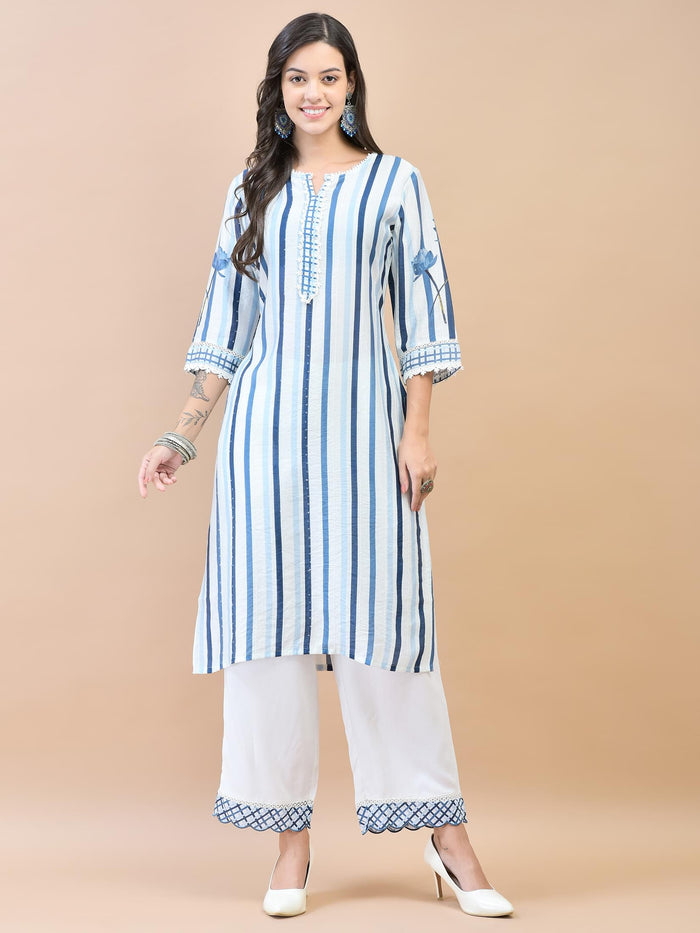 Women Muslin White Stripe Print Kurta Comfort Pant Dupatta.