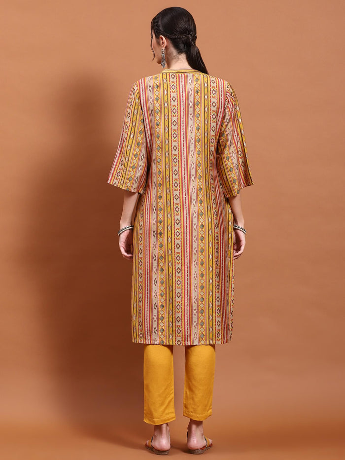 Women Mustard Aztec Print Kurta.