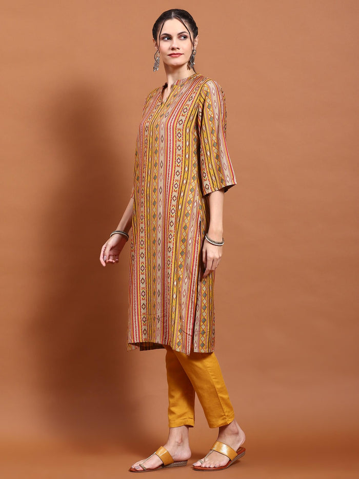 Women Mustard Aztec Print Kurta.