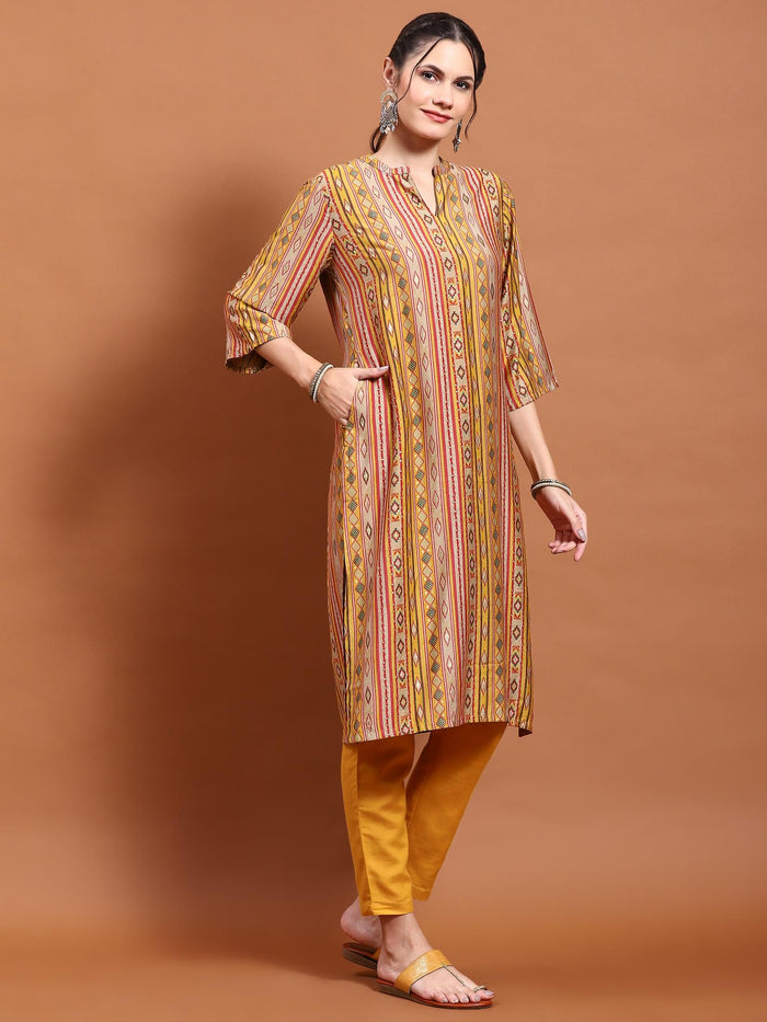 Women Mustard Aztec Print Kurta.