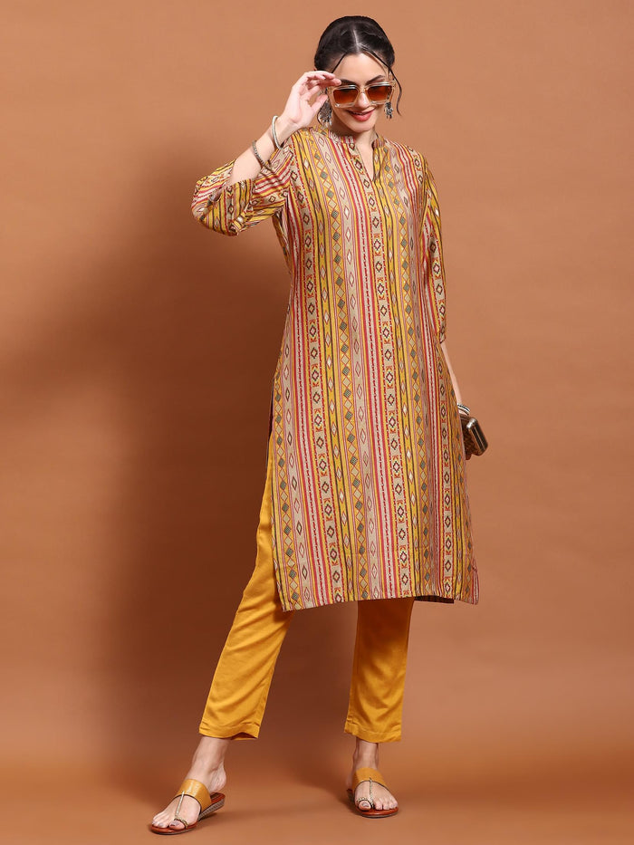 Women Mustard Aztec Print Kurta.